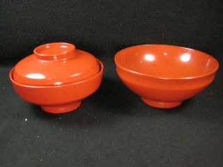 Antique Japanese Set Of 2 Meiji Era Hand Turned Wooden Red Lacquer Bowls