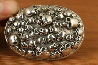 Big Fine Silver 925 Hand Casting Skull Statue 79g Buckle