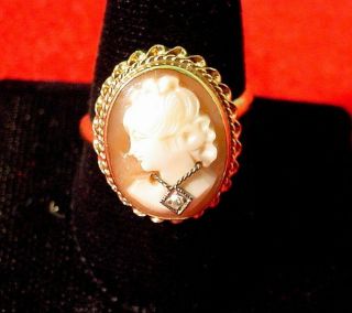 14 Kt Yellow Gold Ring Cameo W/ Diamond Size 7 Vintage Antique.  585 Gold