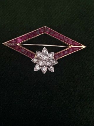 Antique Art Deco 14 K Yellow Gold Brooch W 0.  22 Ct Diamonds & Natural Rubies