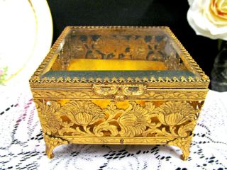 Vintage Gold Finish Glass Ormolu Casket Jewelry Box Metal Glass Footed