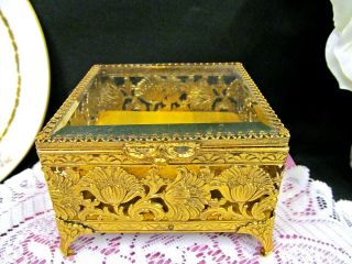 Vintage Gold Finish Glass Ormolu Casket Jewelry Box metal glass footed 2