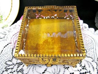 Vintage Gold Finish Glass Ormolu Casket Jewelry Box metal glass footed 3