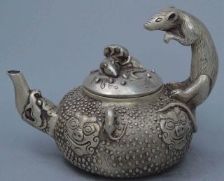 Collectable Handwork Old Noble Miao Silver Carve Mouse & Lion Delicate Tea Pot 2