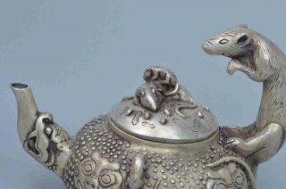 Collectable Handwork Old Noble Miao Silver Carve Mouse & Lion Delicate Tea Pot 3