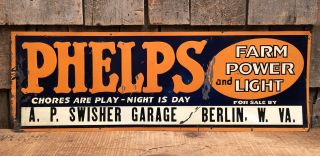 Antique Phelps Farm Power & Light Dealer Garage Agriculture Tin Embossed Sign
