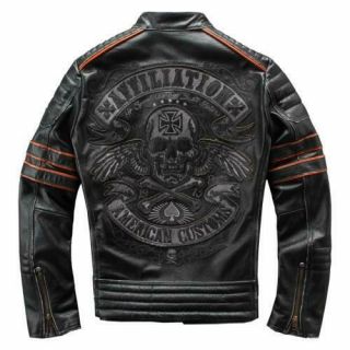 HARLEY DAMSON Vintage Black Men Embroidery Skulls Biker ' s Leather Jacket Plus Si 2