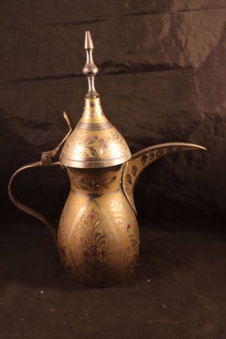 Middle Eastern Dallah Teapot Signed Arabic Turkish Ornate Long Spout Silver Bras