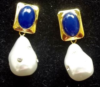 Celine Vintage Earrings Haute Couture Brilliant Blue Cabochons Baroque Pearls