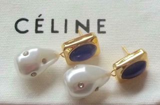 CELINE Vintage Earrings Haute Couture Brilliant Blue Cabochons Baroque Pearls 2