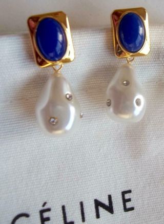CELINE Vintage Earrings Haute Couture Brilliant Blue Cabochons Baroque Pearls 4