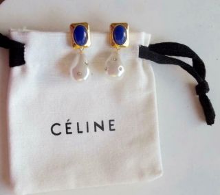 CELINE Vintage Earrings Haute Couture Brilliant Blue Cabochons Baroque Pearls 5