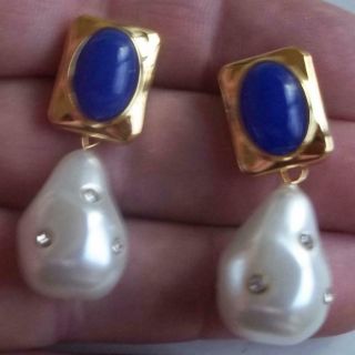 CELINE Vintage Earrings Haute Couture Brilliant Blue Cabochons Baroque Pearls 6