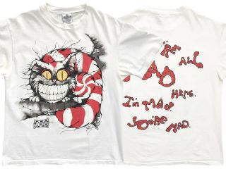 Vintage Alice In Wonderland T Shirt Cheshire Cat Size Large We Are All Mad 90s