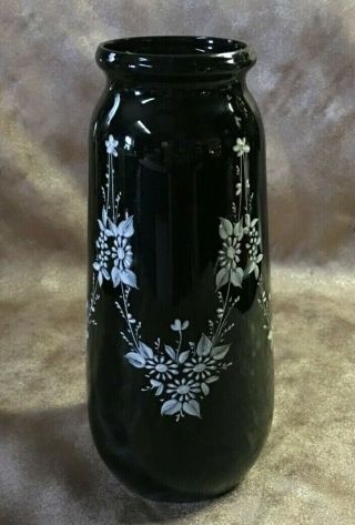 Antique Victorian Black Amethyst 8 1/4 " Vase White Enamel Swags Flowers
