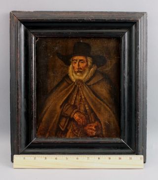 Small Antique 17thC Signed Dutch Portrait Oil Painting,  Man w/ Hat & Cloak 2