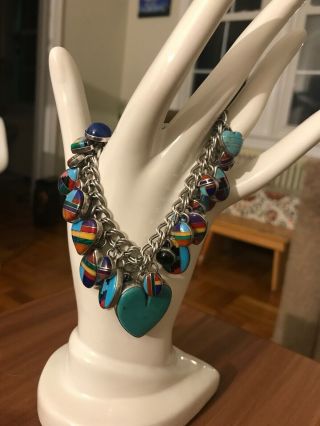 Turquoise Charm Bracelet Native American Sterling Silver Artisan Hearts Vintage