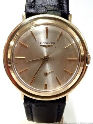 Vintage 14k Yellow Gold Longines Wide Bezel Early 1960s Mens Watch Gold Dial 23z