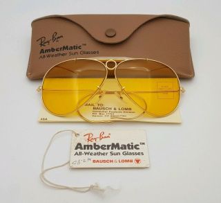 Vintage B&l Ray Ban Bausch & Lomb Nos Ambermatic Shooter 62mm Aviator W/case