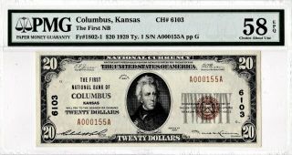 $20 1929 T1 National Columbus Kansas Ks " Extremely Rare " Highest Grade On Bank