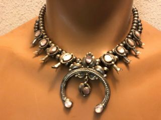 Vintage C Haley Mother Of Pearl Navajo Squash Blossom Necklace Sterling