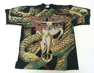 Vtg 90s Rare Brooks & Dunn Cow Skull & Snake T - Shirt Allover Print Sz Large (44)