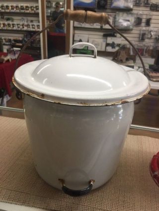 Large Vintage White Enamel Metal Bed Chamber Pot W/ Lid And Handle