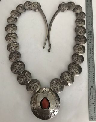 Large Antique Native American Bench Sterling Silver Beads Coral Necklace 111g