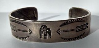 Vintage Small Wrist Navajo Indian Stamped Silver Arrows T - Bird Cuff Bracelet