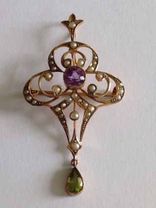 Fine Edwardian Suffragette 9ct Gold Amethyst,  Peridot & Pearl Pendant