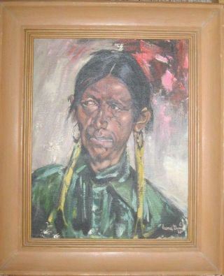 Vintage 1968 Tribal Portrait Painting By Irene Damz Oil Canvas