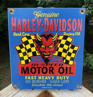 Vintage Harley Davidson Devil Porcelain Sign Motorcycles Dealer Parts Service