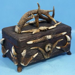 Antique German Black Forest Carved Antler Humidor Box Stag Rosette Hunt Dog Key
