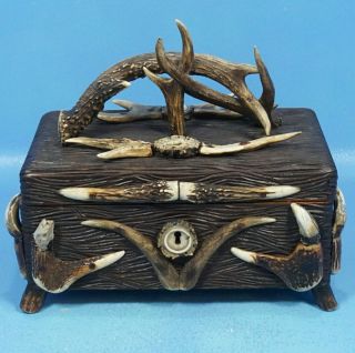 Antique German Black Forest Carved ANTLER HUMIDOR BOX Stag Rosette Hunt Dog Key 2