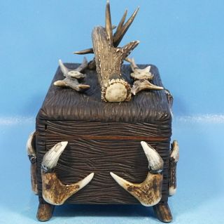 Antique German Black Forest Carved ANTLER HUMIDOR BOX Stag Rosette Hunt Dog Key 4