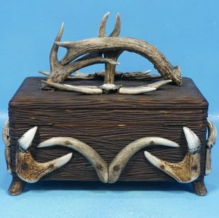 Antique German Black Forest Carved ANTLER HUMIDOR BOX Stag Rosette Hunt Dog Key 5