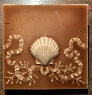 Antique C1900 Beaver Falls 6” Ceramic Tile Sea Shell Ribbon Rare Neo Classical