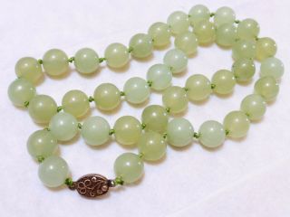 Chinese Antique Vintage Natural Green Jade 12mm Bead Necklace,  92g,  Silver Clasp