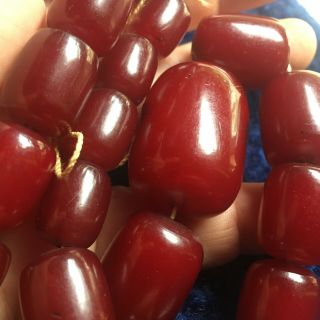 Antique Faturan Cherry Amber Bakelite Barel Beads Damari Necklace 86.  6 Grams. 3