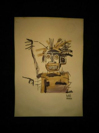 Rare And Jean Michel Basquiat (king Samo) Drawing On Old Paper Signed