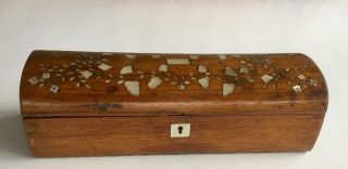 Domed Wood Box Pearl Inlay w.  Lock,  Jewelry Trinket 3