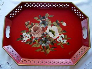 Vintage 15 " X 20 " Hand Painted Roses/poppies/daisies Red Metal Tin Toleware Tray
