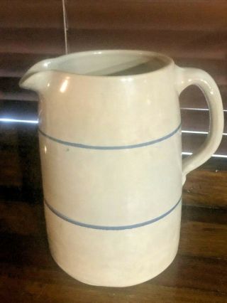 Vtg.  Country Stoneware Ceramic Pottery Crock Pitcher With Blue Stripes 9.  5”tall