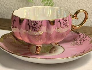 Vintage Royal Halsey Very Fine Tea Cup And Saucer Or Gold And Pink,