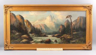 19thc Antique Panoramic American Western Yosemite Valley Landscape Oil Painting