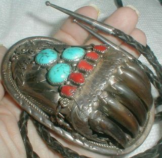 Vintage Antique Ooak Navajo Sterling Silver Huge Turquoise Bolo Tie $2,  000 Est