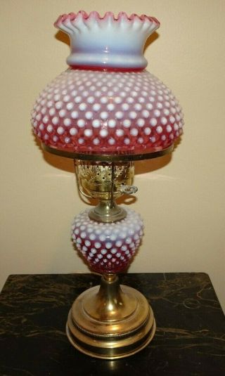 1950’s Fenton Cranberry Opalescent Art Glass Hobnail Electric Table Lamp Vintage