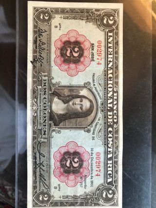 1931 Costa Rican Dos Colones (mona Lisa) Banknote — Rare & -