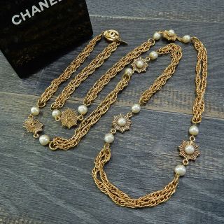 Chanel Gold Plated Cc Logos Imitation Pearl Vintage Necklace 4358a Rise - On