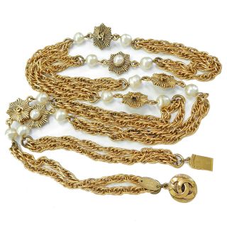 CHANEL Gold Plated CC Logos Imitation Pearl Vintage Necklace 4358a Rise - on 4